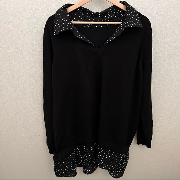 Adrianna Papell Sweaters - Adrianna Papell Black Polka Dot Twofer Sweater with Collar‎ Size 2X